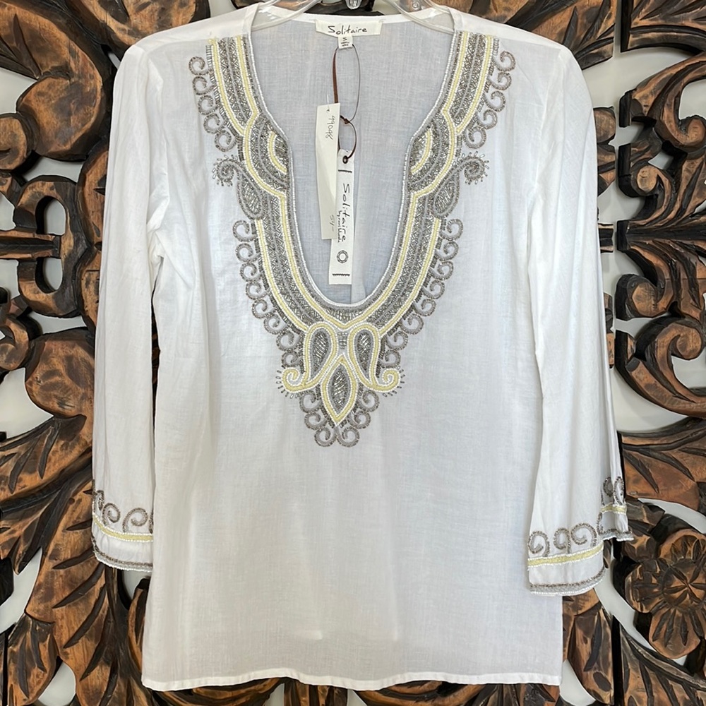 Solitaire White Top - NWT - Cotton - Beaded Shirt - Made In India - Embellished